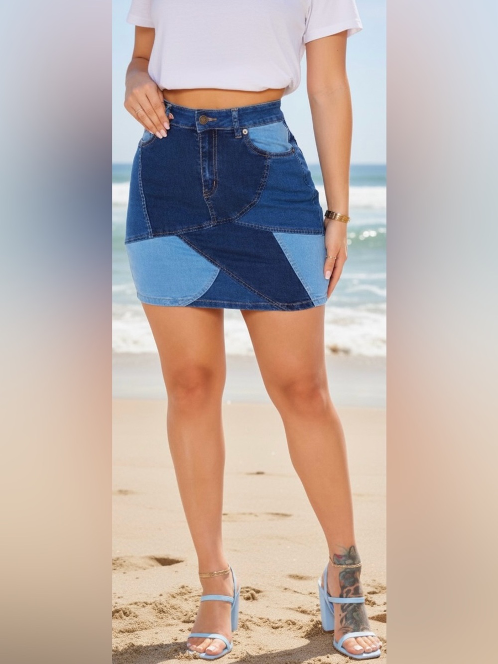 Fashion Nova Blue Patchwork Denim Skirt
